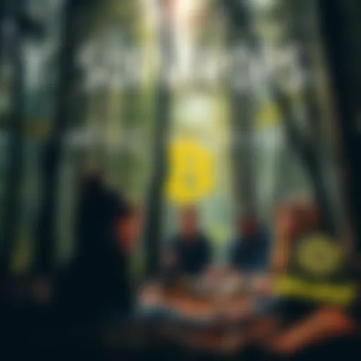 BTC Cycle Survivors Gathering A group of people in a forest sharing experiences about Bitcoin, with trees and nature in the background.