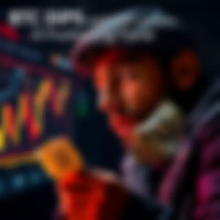 Individual looking at Bitcoin chart with a worried expression while holding cash