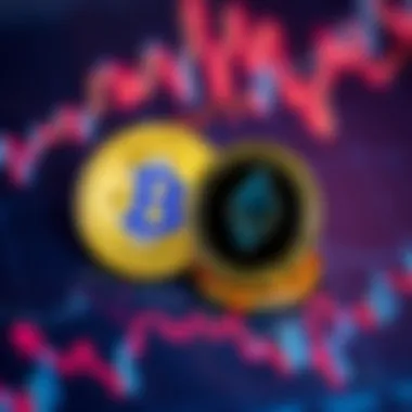 Bitcoin and Ethereum coins with upward arrows Bitcoin and Ethereum coins placed on a graph showing upward trends, symbolizing potential price recovery