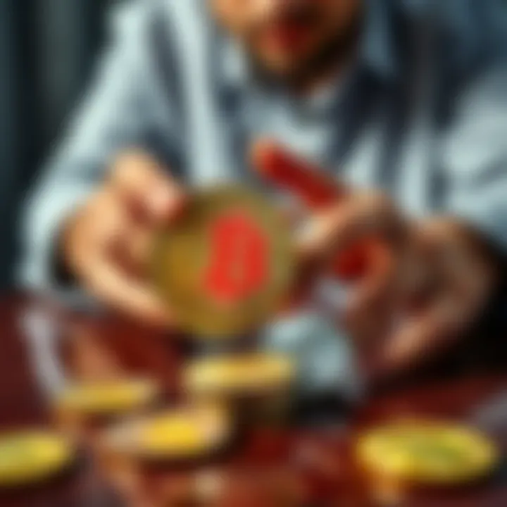 A person holding Bitcoin coins while looking at Litecoin coins on a table, representing the idea of converting Bitcoin to Litecoin.