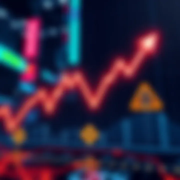 A graphic showing a downward trend in Bitcoin prices with caution signs
