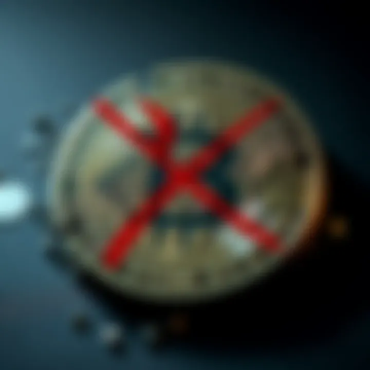 A graphic showing a broken Bitcoin symbol with a red 'X' over it, representing skepticism about BTC power law.