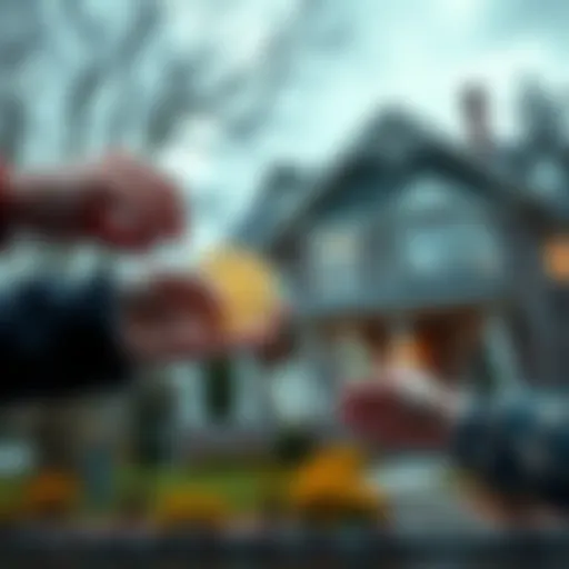 A person handing over Bitcoin to another while receiving cash in return, with a house in the background.