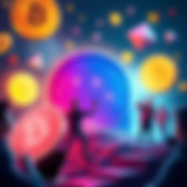 A colorful graphic showing people participating in a treasure hunt for BTC, with coins and special fragments in the background.