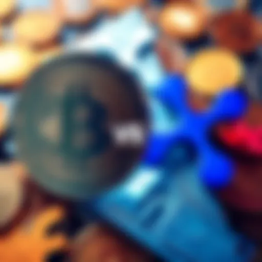 A visual representation of the rivalry between Bitcoin and XRP, featuring their logos clashing with a backdrop of digital coins.