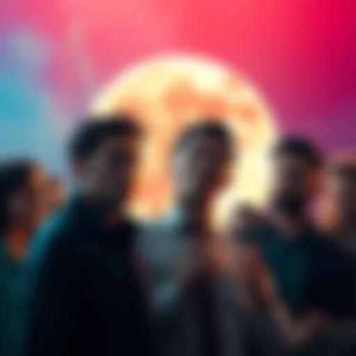 A frustrated group of people discussing market trends with a moon symbol in the background, expressing concern about moon posts impacting the bull market.