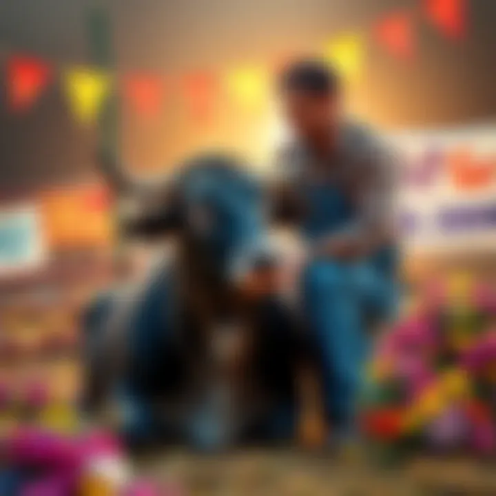 A caring farmer gently tending to a sick bull, surrounded by colorful get well soon banners and flowers, showing community support.