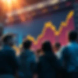 A group of people chatting about the stock market with a graph showing an upward trend in the background.