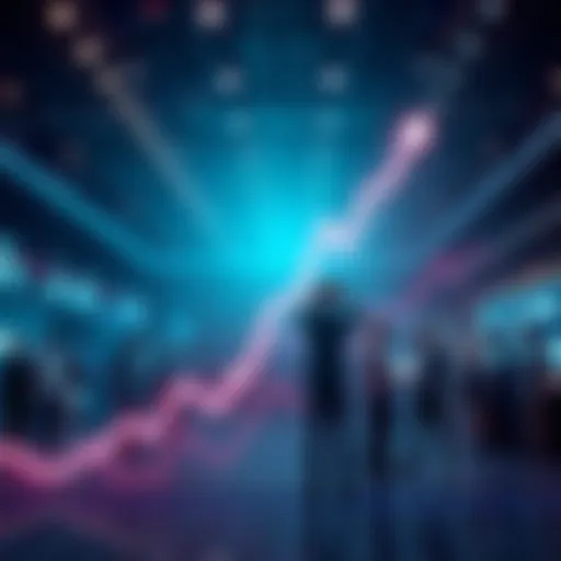 Graph showing upward trends in a bull market with technology icons and people discussing in the background
