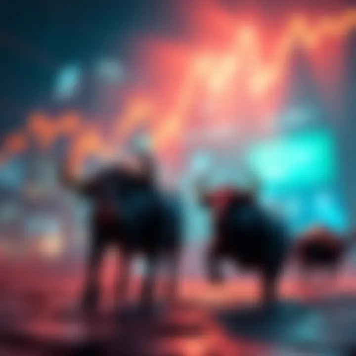 Bull Market Rising A graph showing a strong upward trend in financial markets with bulls symbolizing growth and investment opportunities.