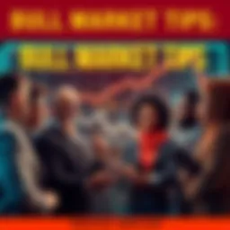 A group of diverse people discussing investment strategies with a chart showing upward trends in the background.