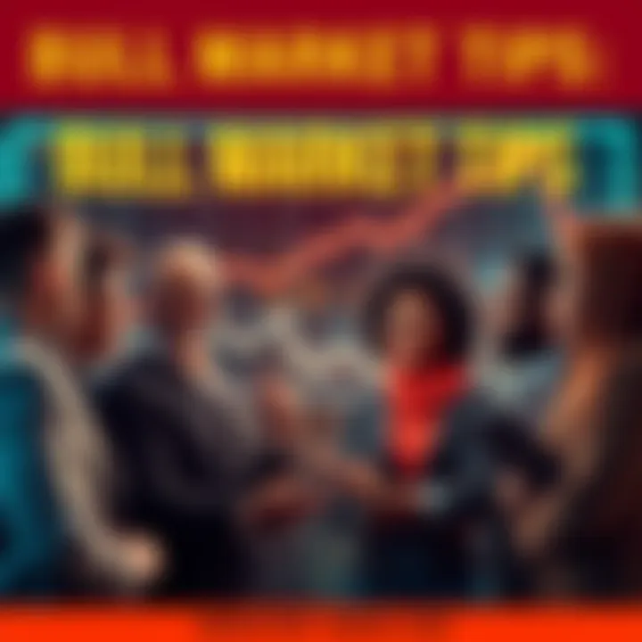 A group of diverse people discussing investment strategies with a chart showing upward trends in the background.