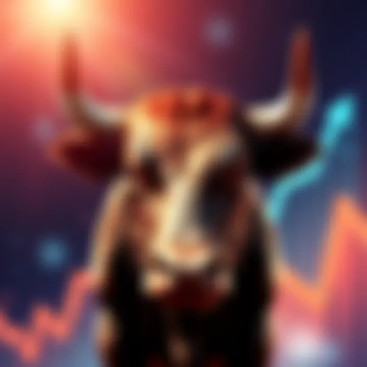 Illustration of a bull with upward market trend arrows in the background