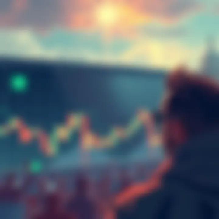 Illustration showing a person looking at fluctuating crypto market graphs with a backdrop of a political scene, symbolizing the influence of midterm elections on cryptocurrency prices.