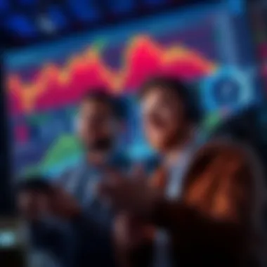 Investors looking at upward trends on trading charts, smiling and showing optimism.