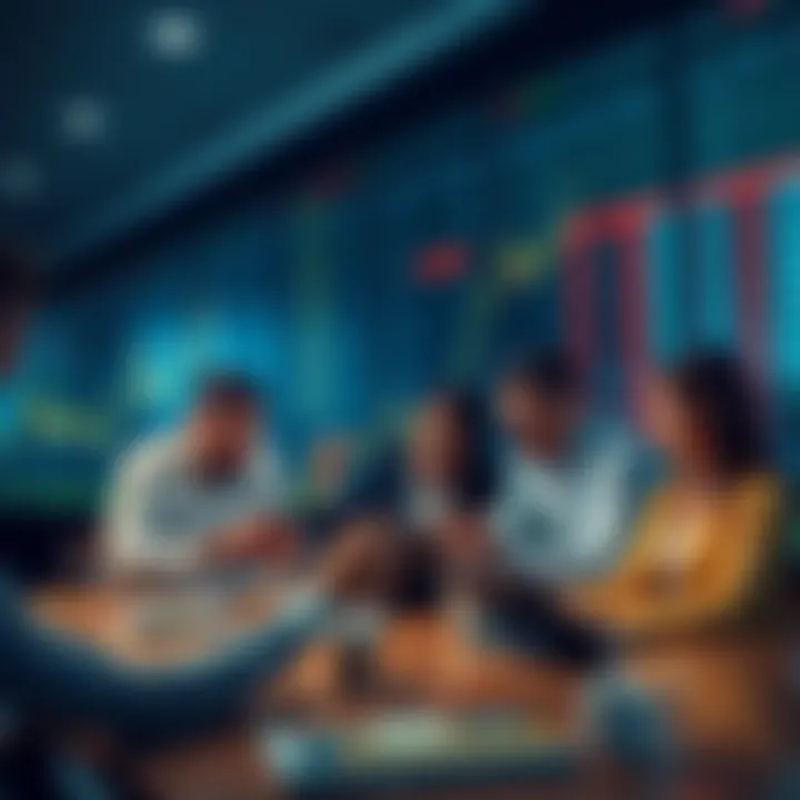A graph showing rising stock prices with optimistic investors looking at their phones and discussing around a table.
