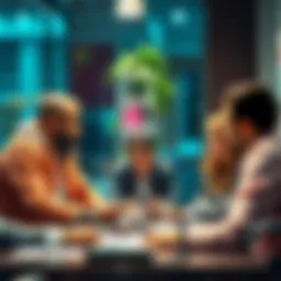 A group of business professionals in a meeting, discussing the challenges and trust issues of adopting blockchain technology.