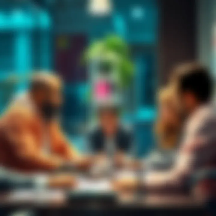 A group of business professionals in a meeting, discussing the challenges and trust issues of adopting blockchain technology.