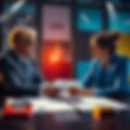 Two business professionals discussing cross-border contracts with legal documents on the table
