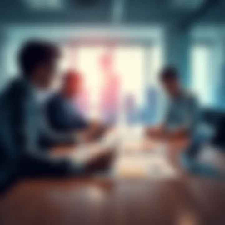 A group of business professionals discussing financial forecasts with graphs on the table