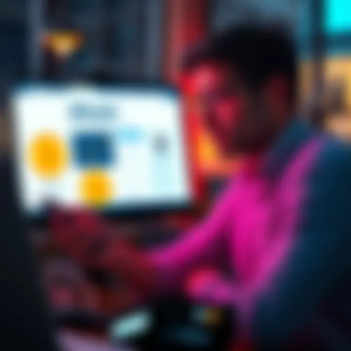 A business owner looks at a laptop screen showing bitcoin information, concerned about scams, while holding a phone with a payment app open.