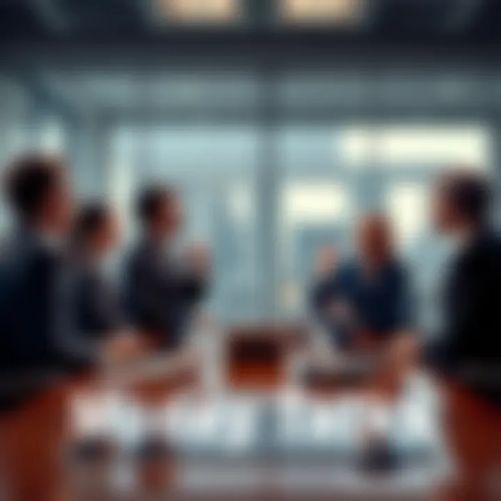 A group of professionals talking about money and power dynamics in a conference room