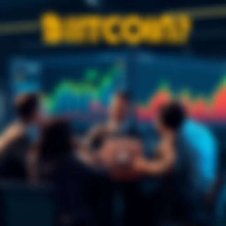 A group of business people discussing Bitcoin investment strategies with charts and graphs in the background.