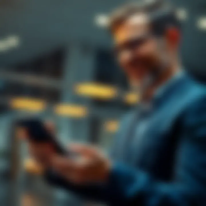 A businessman smiles as he receives an Ethereum payment on his smartphone, showcasing modern transactions