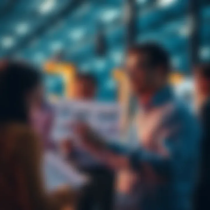 A businessman presenting a chart on supply chain technology to a group of engaged professionals