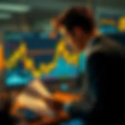 An office worker distracted by paperwork while a Bitcoin price chart glows on a computer screen in the background