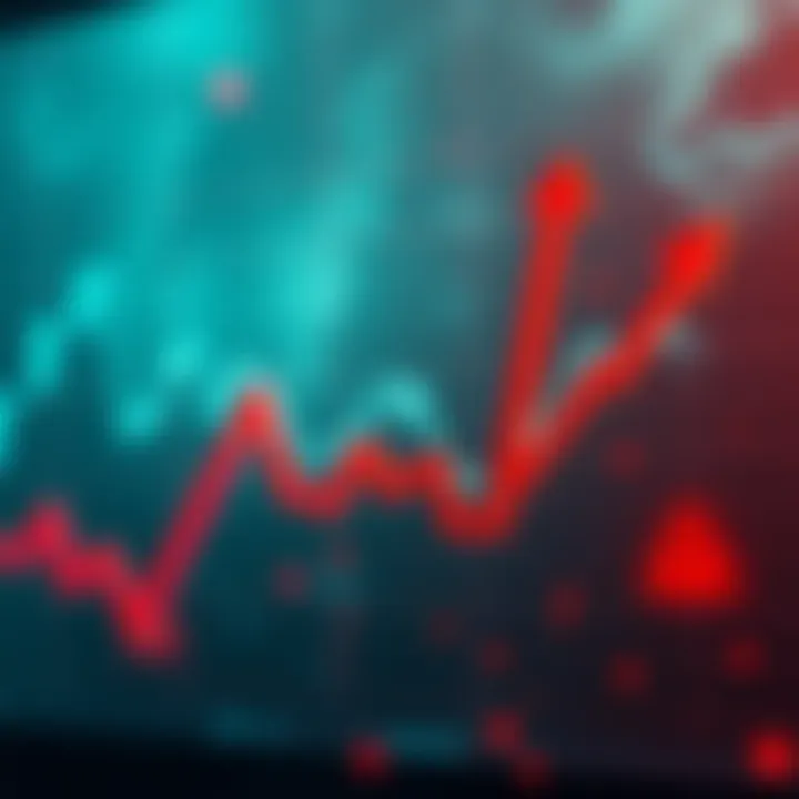 A graph showing a steep decline in cryptocurrency value, with red arrows pointing downward and warning signs