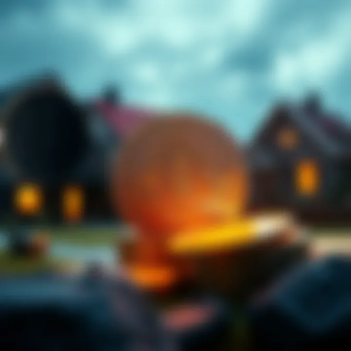 A visualization of Buttcoin representing a digital currency aimed at solving housing issues, with homes in the background and coins symbolizing prosperity.