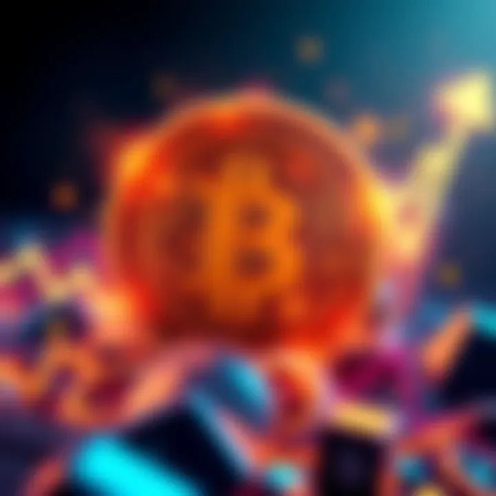 An illustration showing Buttcoin represented as a digital coin with a bold B in the center, surrounded by cryptocurrency symbols and rising graph lines, indicating market trends.