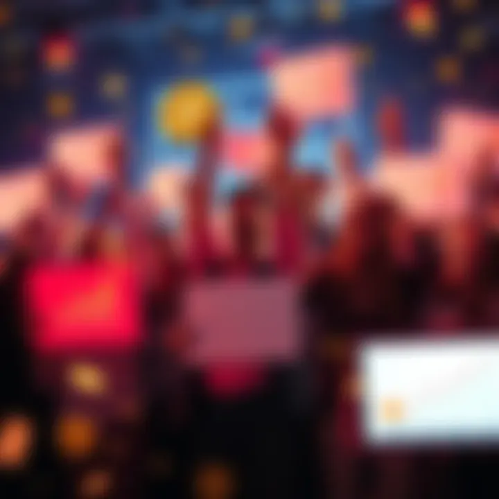 A group of people joyfully celebrating with signs and charts showing rising cryptocurrency values, representing the success of buttcoin in 2026.