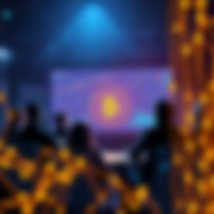 A group of people gathered in a forum discussing quantum computing risks to Bitcoin, with charts and graphs around them.