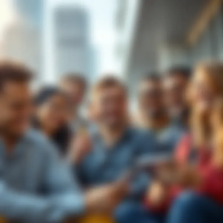 A group of diverse people happily cashing out their buttcoin investments, some planning trips while reviewing financial advice.