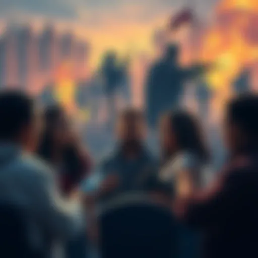 A group of diverse people discussing cryptocurrency with war imagery in the background, symbolizing the shift in perspective towards conflict for currency support.