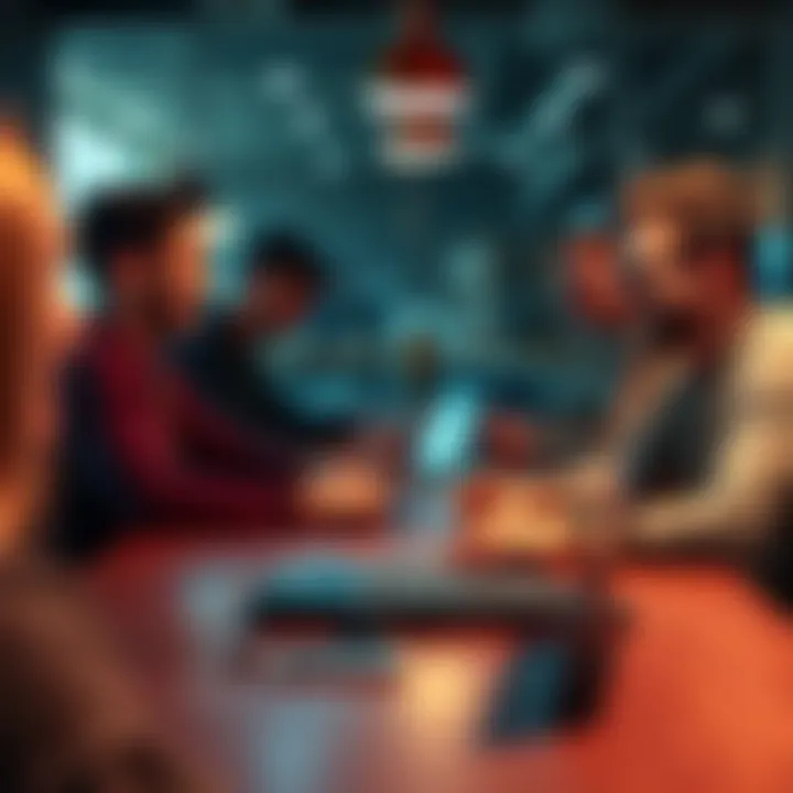 A group of Buttcoiners showcasing their one-handed typing skills at a table, laughing and engaging with each other while typing on laptops.