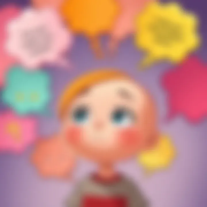 A cartoon character with a childlike expression, surrounded by colorful thought bubbles showing humorous and simple ideas, reflecting their unique perspective.
