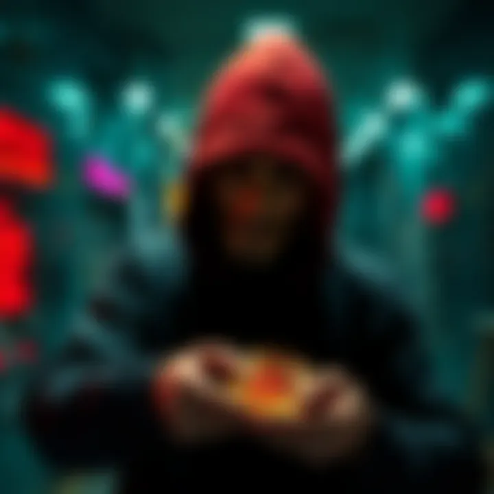 Individual making a secretive transaction for Bitcoin, with a focus on privacy and anonymity
