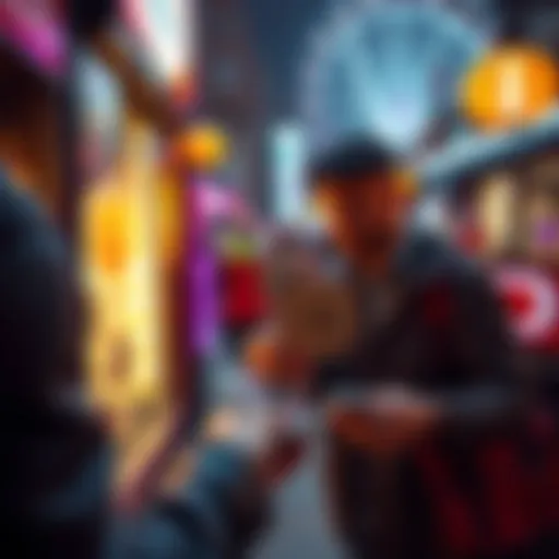 A person exchanging cash for Bitcoin in a local setting in London.