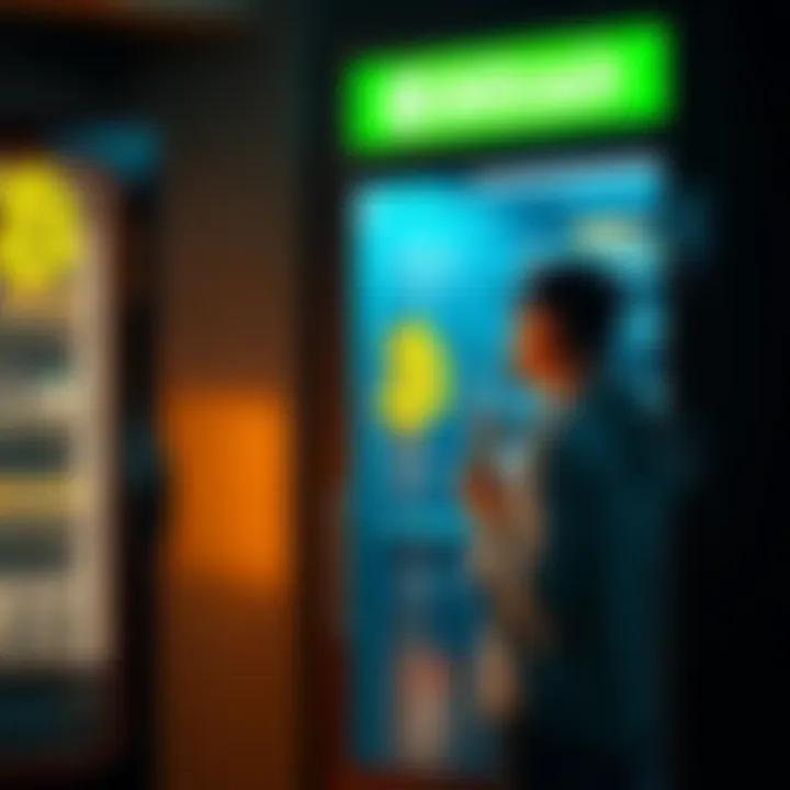 A frustrated buyer stands in front of a Bitcoin vending machine, looking thoughtfully at the screen while holding cash, representing their struggle to purchase Bitcoin.