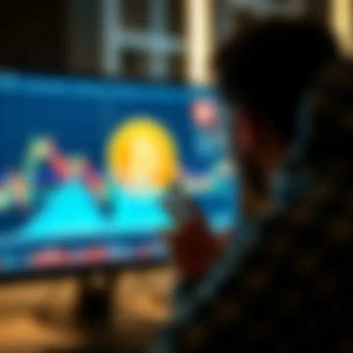 A person looking at a graph showing Bitcoin price dips on a computer screen, with a Bitcoin symbol in the background