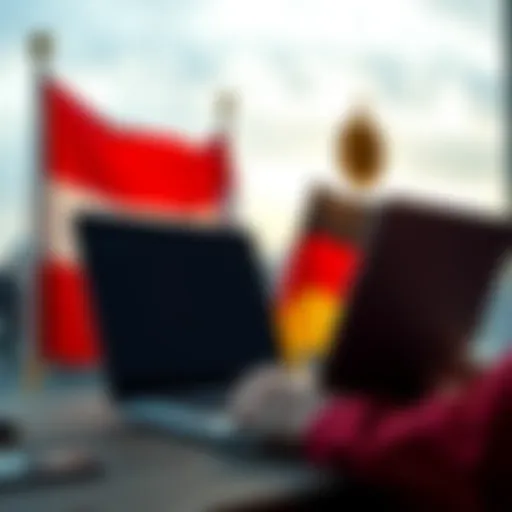 A person using a laptop to buy Bitcoin with flags of the Netherlands and Germany in the background