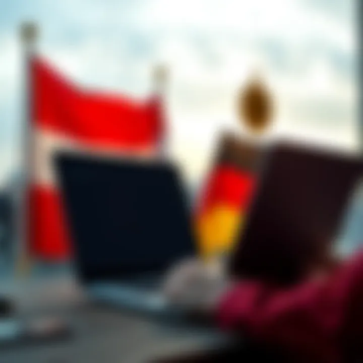 A person using a laptop to buy Bitcoin with flags of the Netherlands and Germany in the background