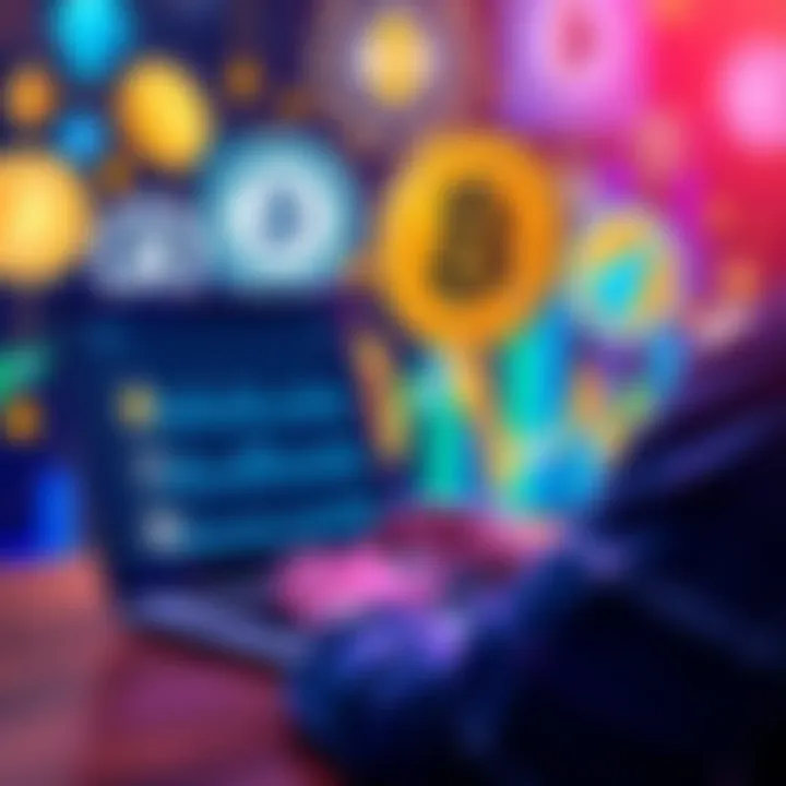 A person using a laptop to buy cryptocurrency online, with cryptocurrency logos in the background.