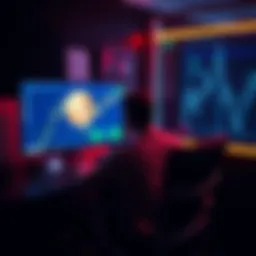 A person sitting at a desk looking at a computer screen displaying cryptocurrency prices and charts, symbolizing the act of buying coins.