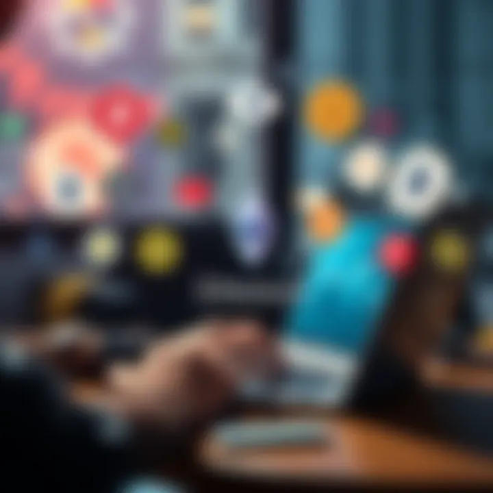 A person using a laptop to buy Ethereum, surrounded by popular cryptocurrency icons.