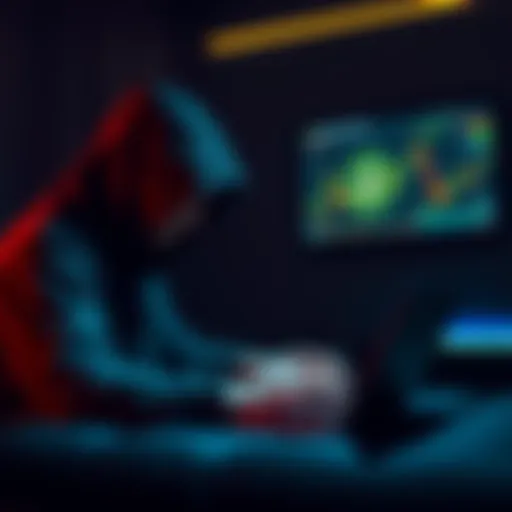 A person using a laptop with a hood on, sitting in a dimly lit room, looking at cryptocurrency charts and wallets, symbolizing anonymous Zcash transactions.