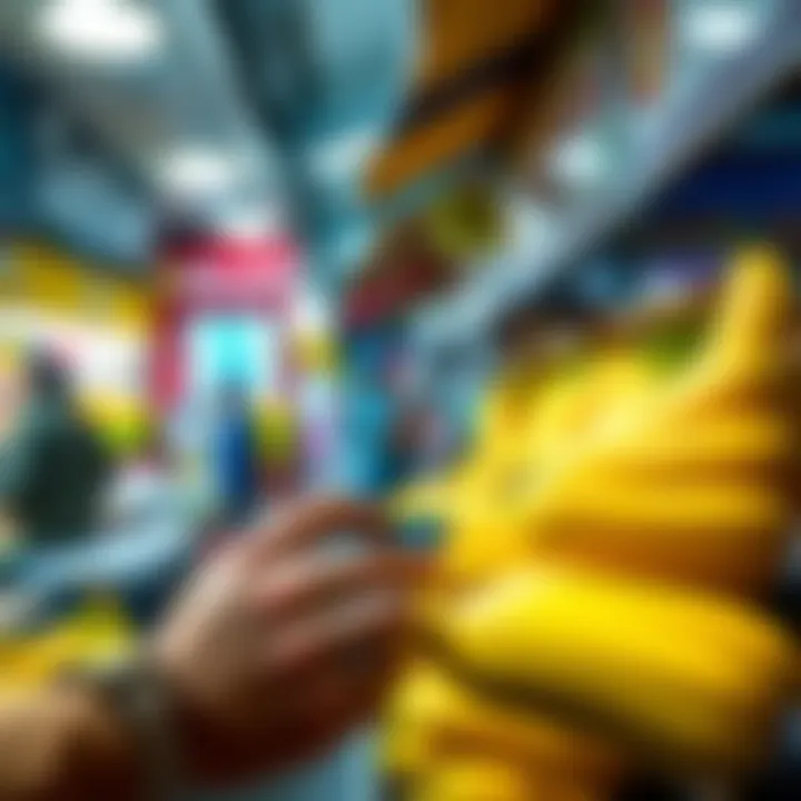 A person purchasing bananas using a Bitcoin wallet app on a smartphone at a local market